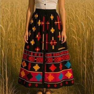 Boho Geometric Button-Front Maxi Skirt Black Multicolor Pattern Festival S